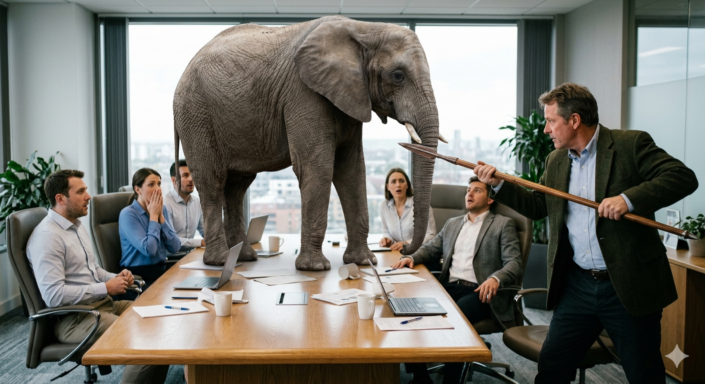 A leader confronting an elephant standing in a meeting room