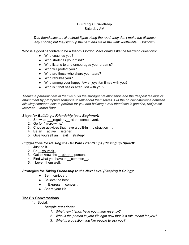Preview of the Building a Friendship handout